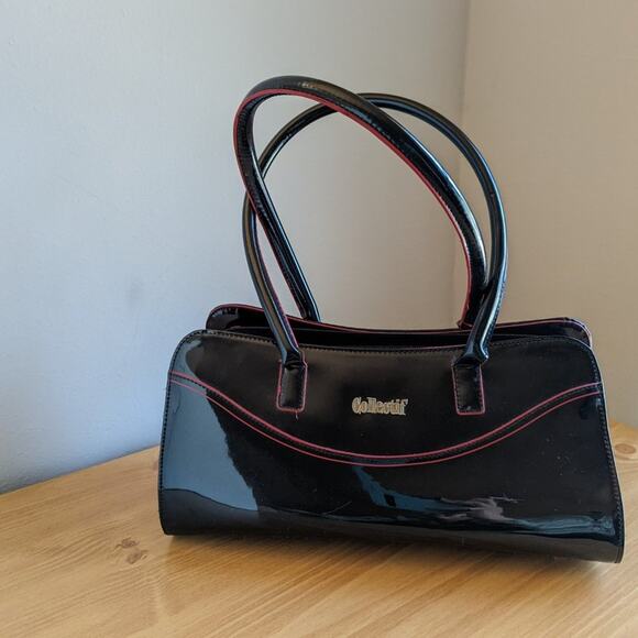Collectif London 1950s Inspired Black Patent Leather Top Handle Barrel Bag Purse - Picture 3 of 12